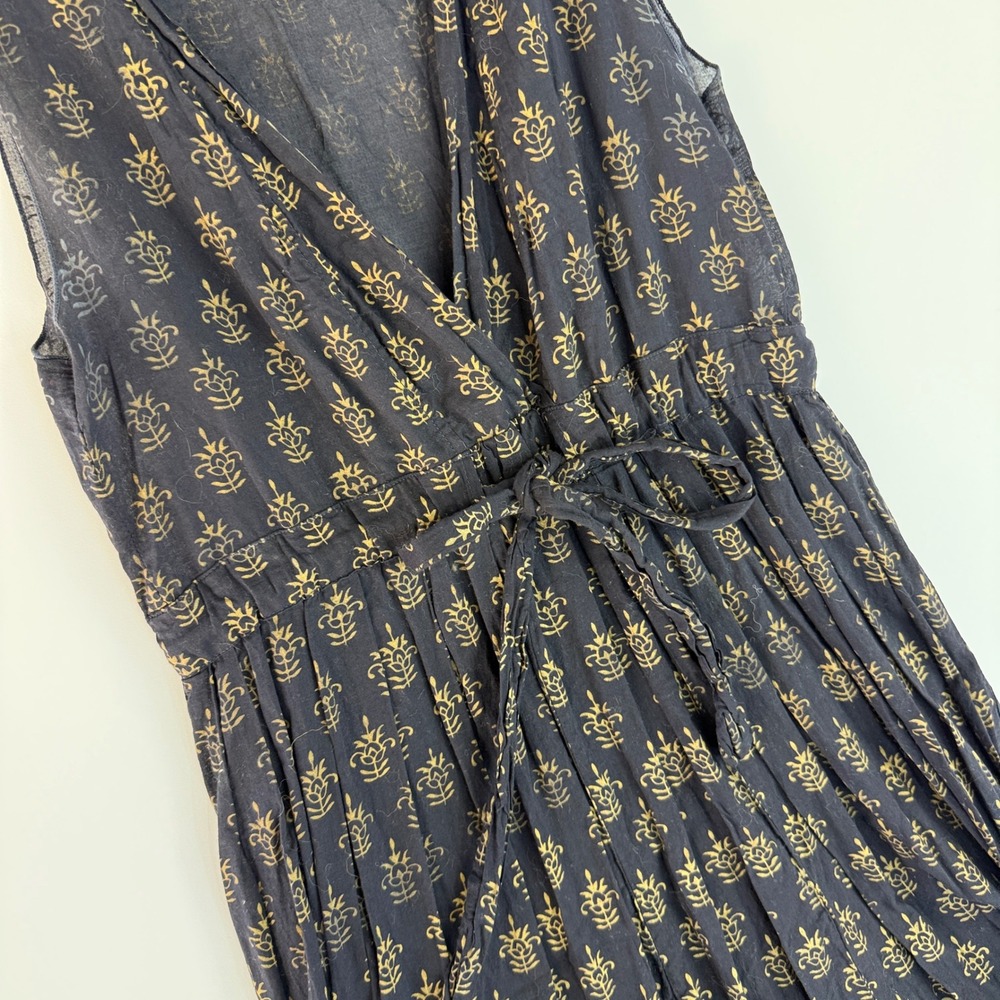 CP Shades Julia Dress Womens Small Navy Blue Gold Silk Cotton Block Print Midi - Picture 5 of 15